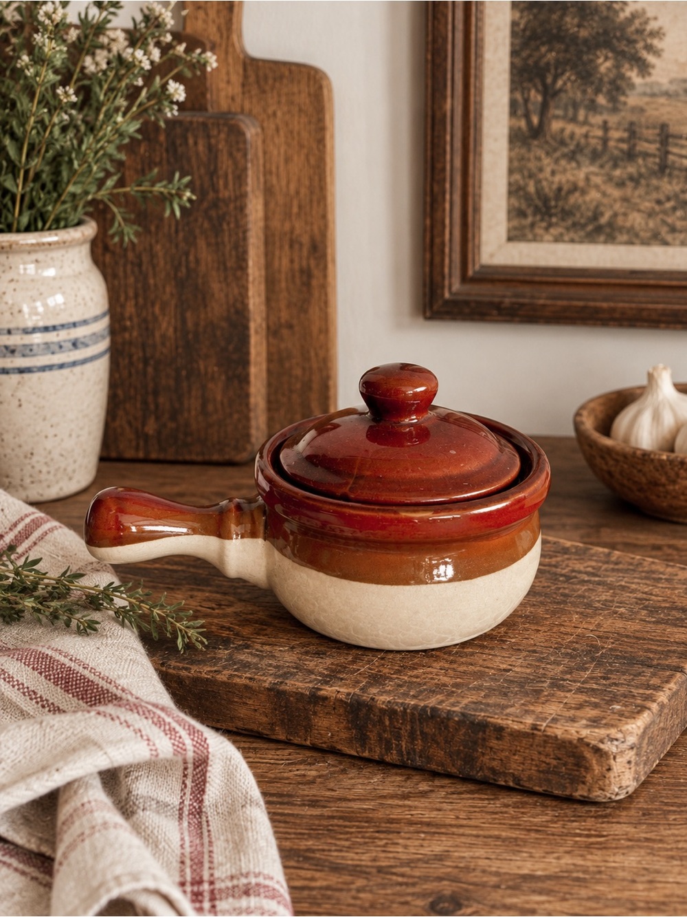 Vintage Red and Cream Handled Stoneware Crock with Lid